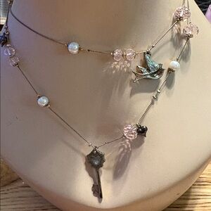 Betsey Johnson Heart and key Pendant Necklace with Pink White and Black Beads